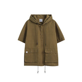 Unisex Jacket Summer Workwear with Pocket Jacket Loose Short Sleeve Hooded Jacket